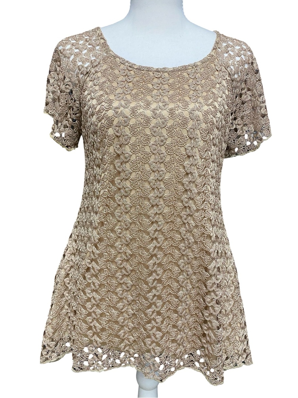 New Directions Women’s Crochet Lace Tunic Top Beige Short Sleeve Knit Medium
